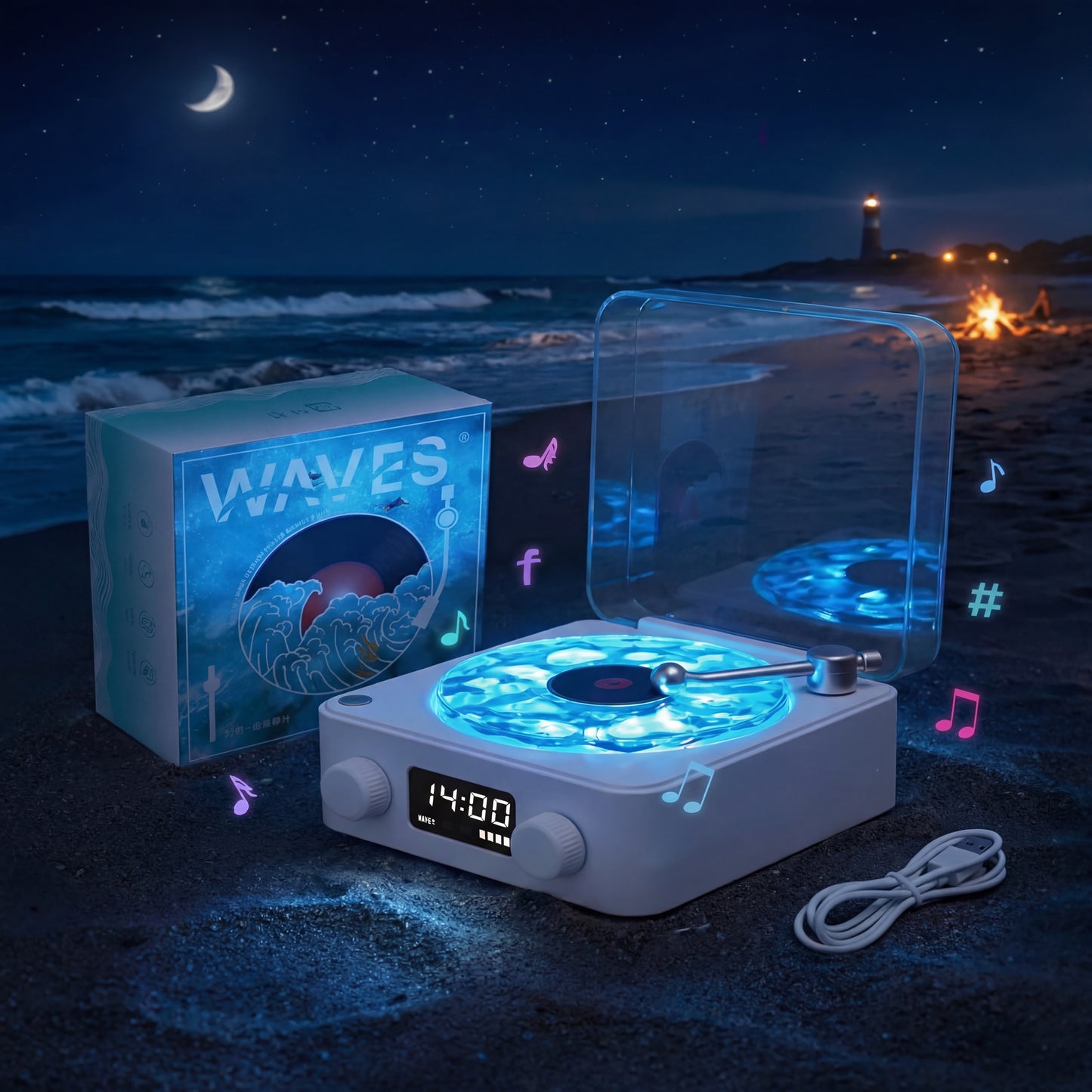 KensaWaves Dalga Efektli Ambiyans Lambası – Bluetooth Hoparlörlü Retro Plak Çalar Gece Lambası